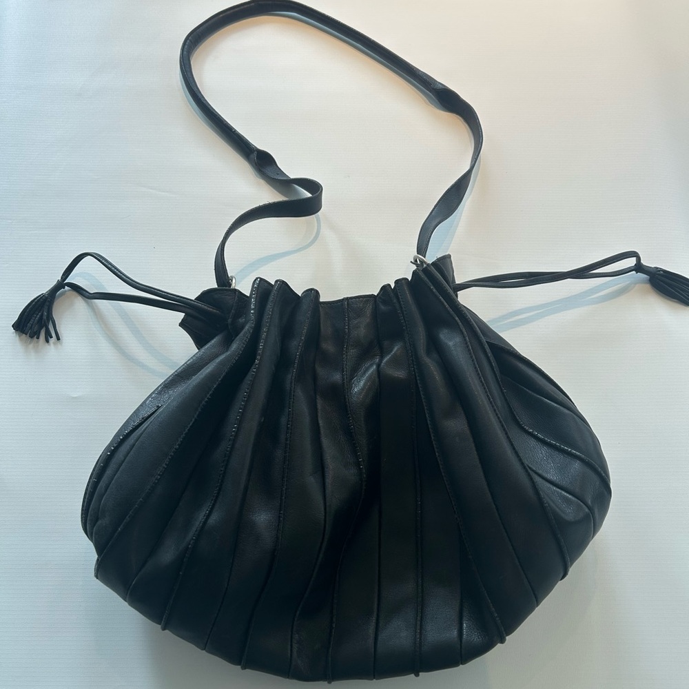 Luxury Black Pleated Italian Leather Shoulder Bag